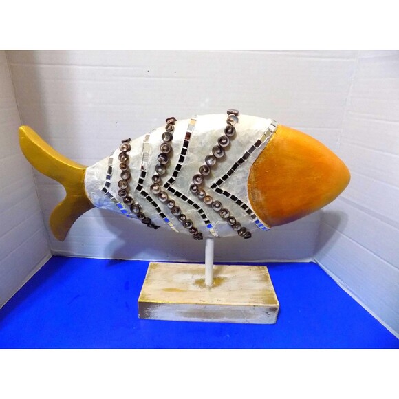 NEW Wood Carved Sea Shell Fish Statue Figurine Nautical - Picture 5 of 8